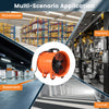 14" industrial blower fan in orange with a 25 ft flexible duct hose, ideal for ventilation in warehouses and factories.