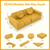 Modular kids play couch in yellow with 14 pieces, featuring removable suede covers for easy cleaning and child-safe.