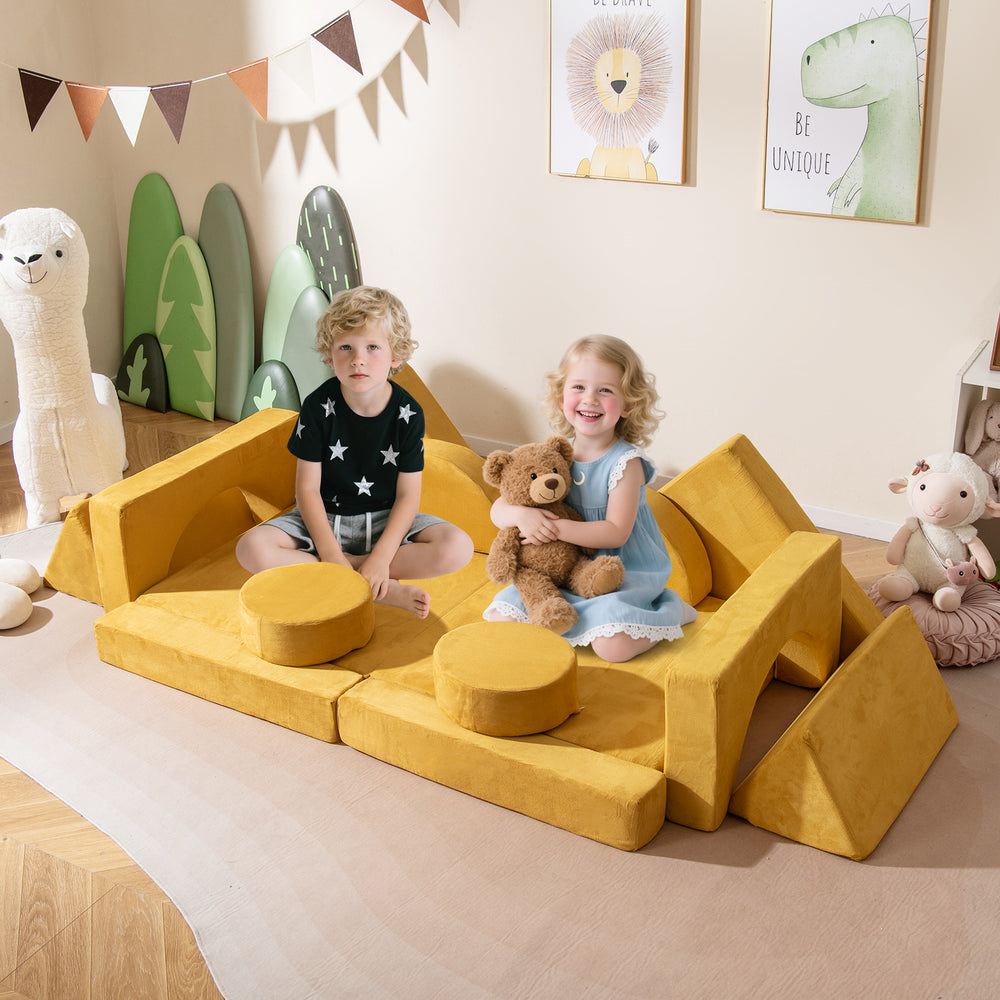Modular kids play couch in yellow with removable suede covers, perfect for playrooms and stimulating creativity.