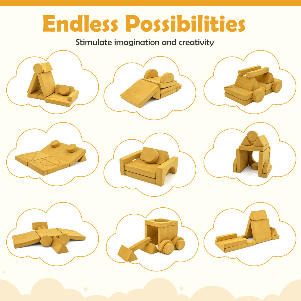14 PCS modular kids play couch in yellow, featuring removable suede covers and child-safe design for imaginative play.