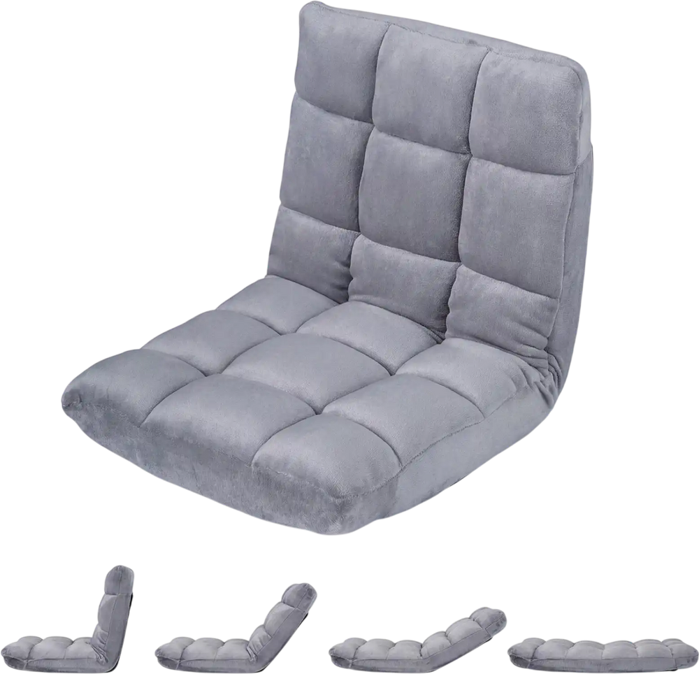14-position adjustable cushioned floor chair in light gray, featuring thick padding for comfort and back support.