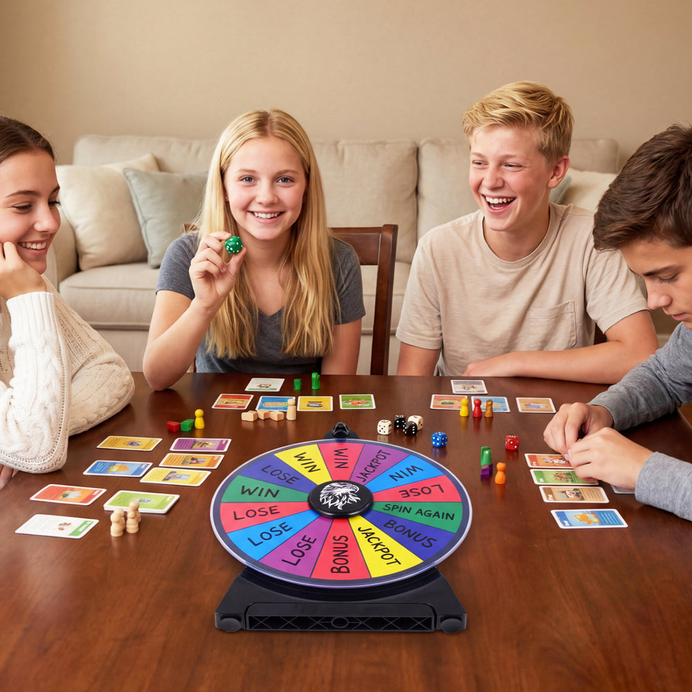 Colorful 14 slots spin wheel on a table, perfect for party games and classroom activities, with smooth rotation and.