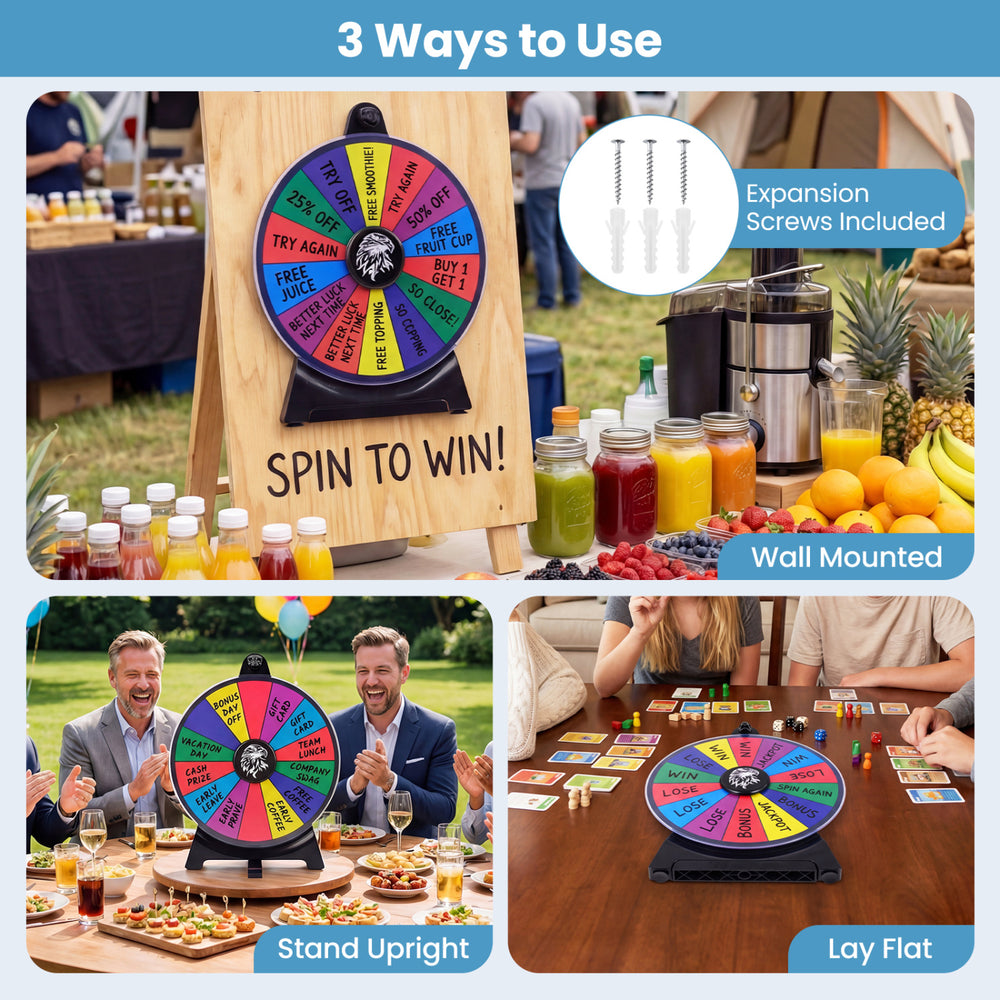14-slot multicolor spin wheel shown in three uses: wall mounted, upright, and laying flat for versatile game options.