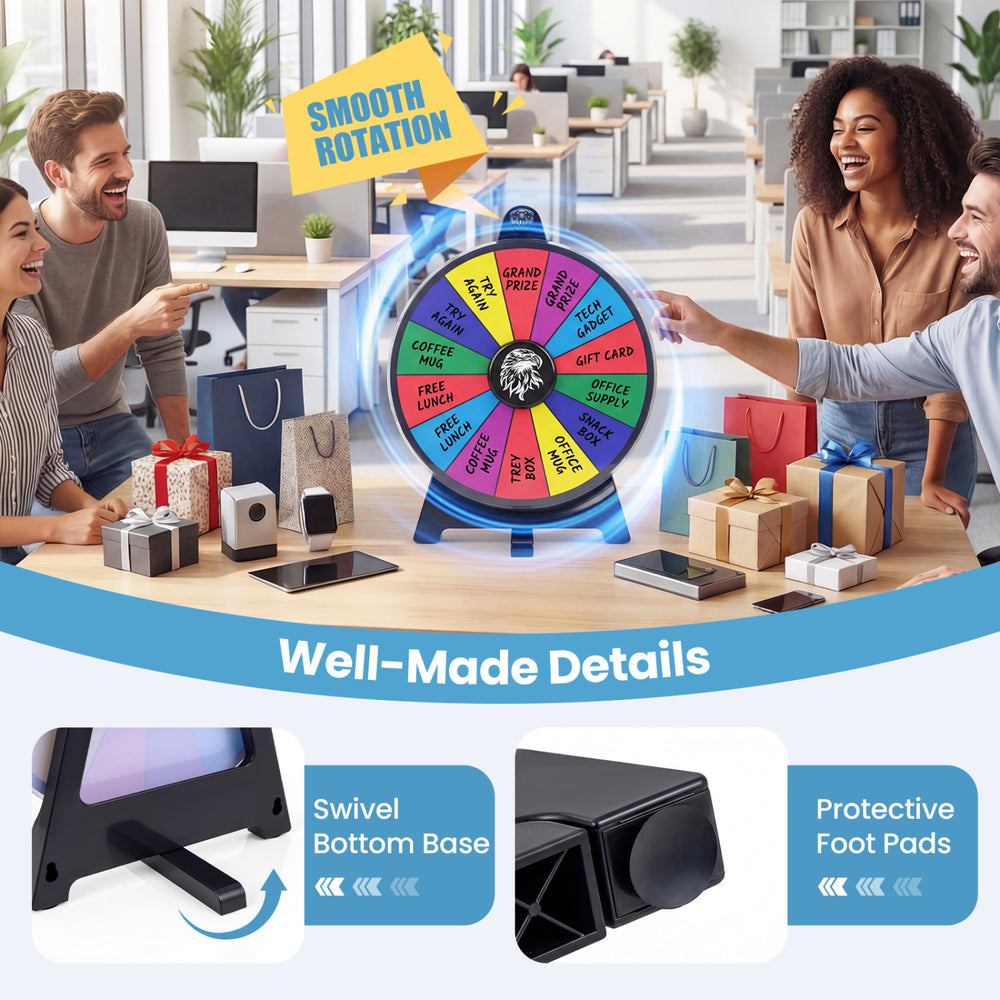14-slot multicolor spin wheel with smooth rotation, swivel base, and protective foot pads for events and games.