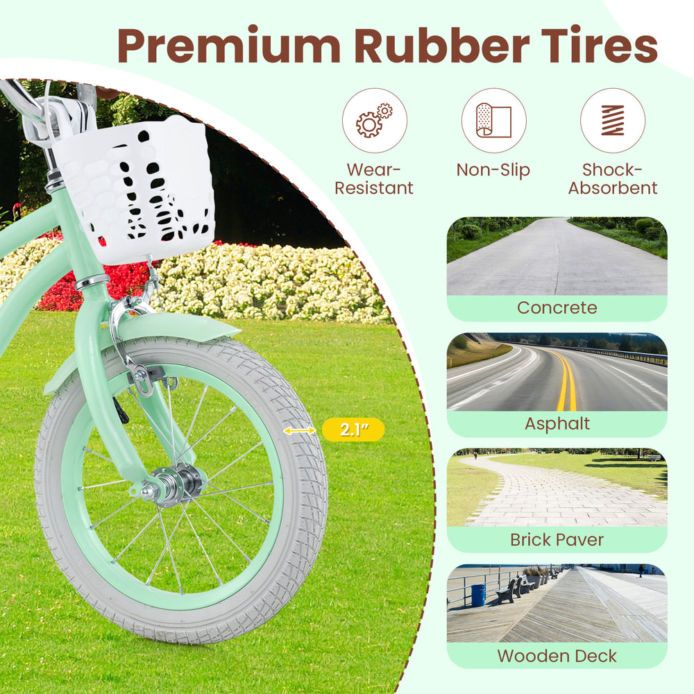 Close-up of the 14-inch kids bike's premium rubber tires, designed for smooth riding on various surfaces.