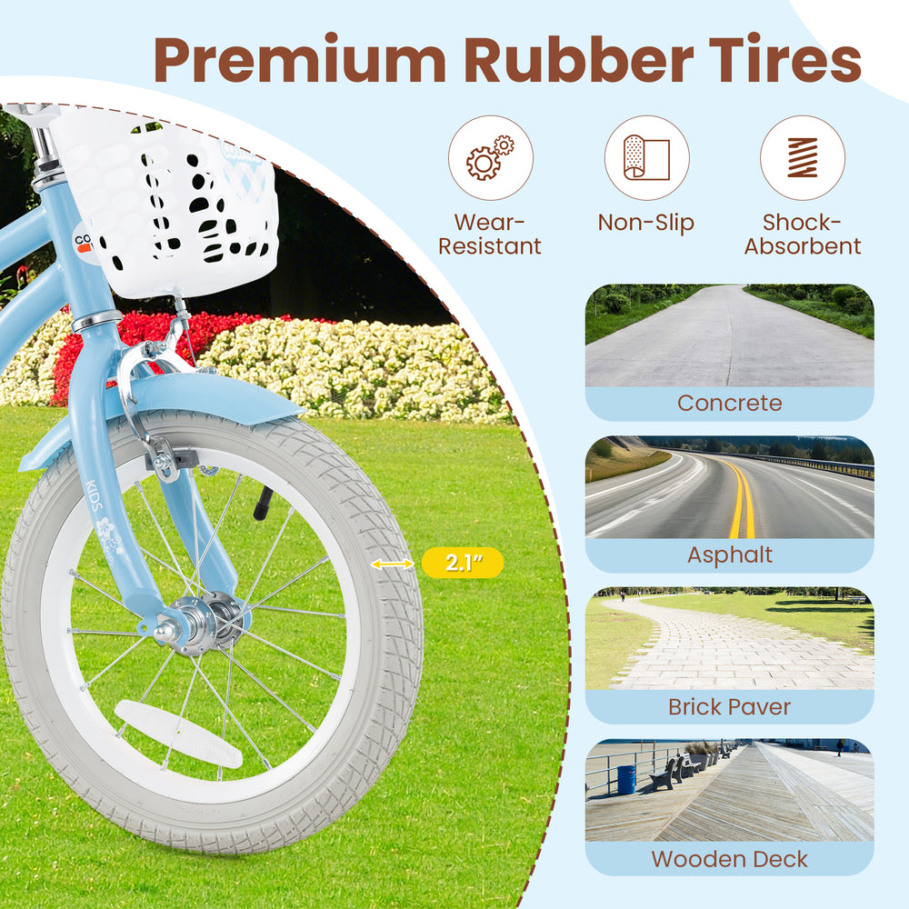 Front view of the 14-inch kids bike featuring premium rubber tires, adjustable handlebar, and removable storage basket.