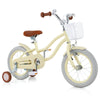 14-inch kids bike in cream with training wheels, adjustable seat, and removable basket for ages 3-8 years.