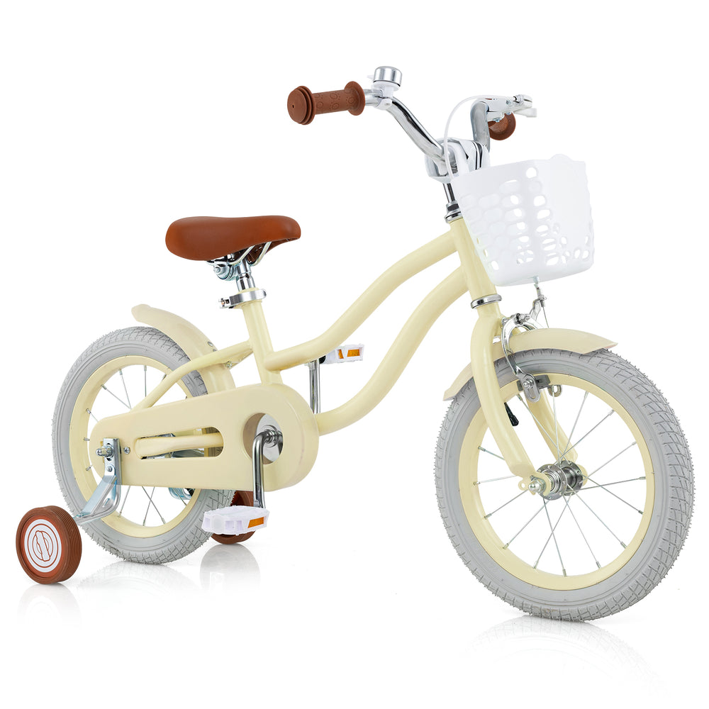 14-inch kids bike in cream with training wheels, adjustable seat, and removable basket for ages 3-8 years.