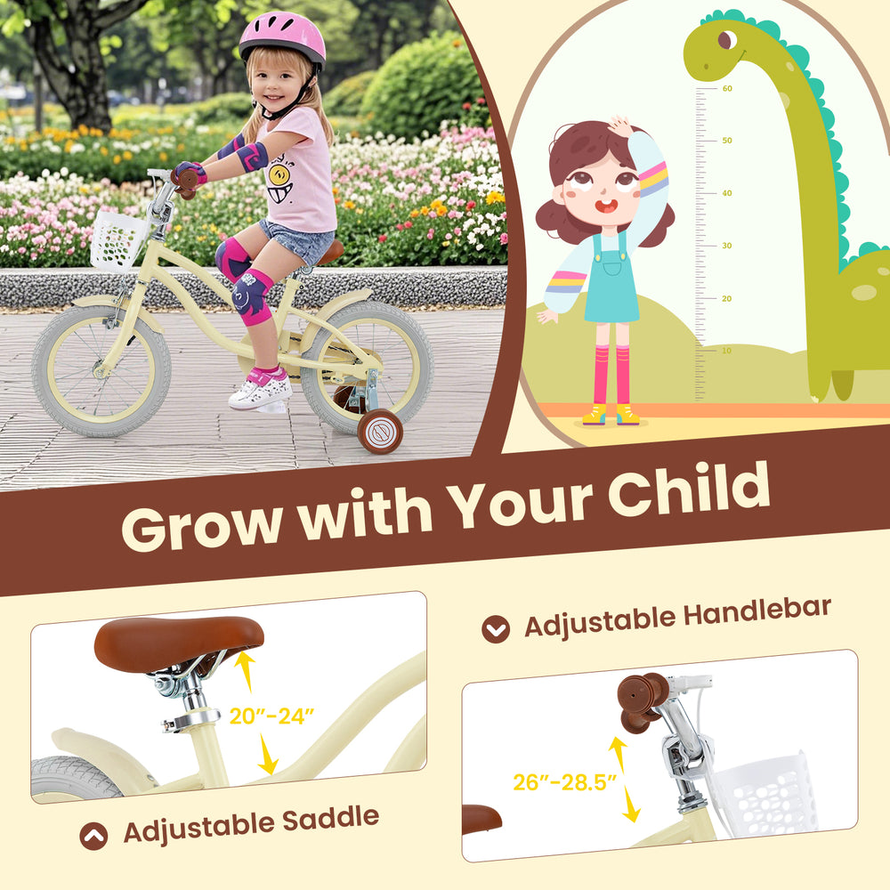 14-inch kids bike with adjustable saddle and handlebar, training wheels, and removable storage basket for ages 3-8.
