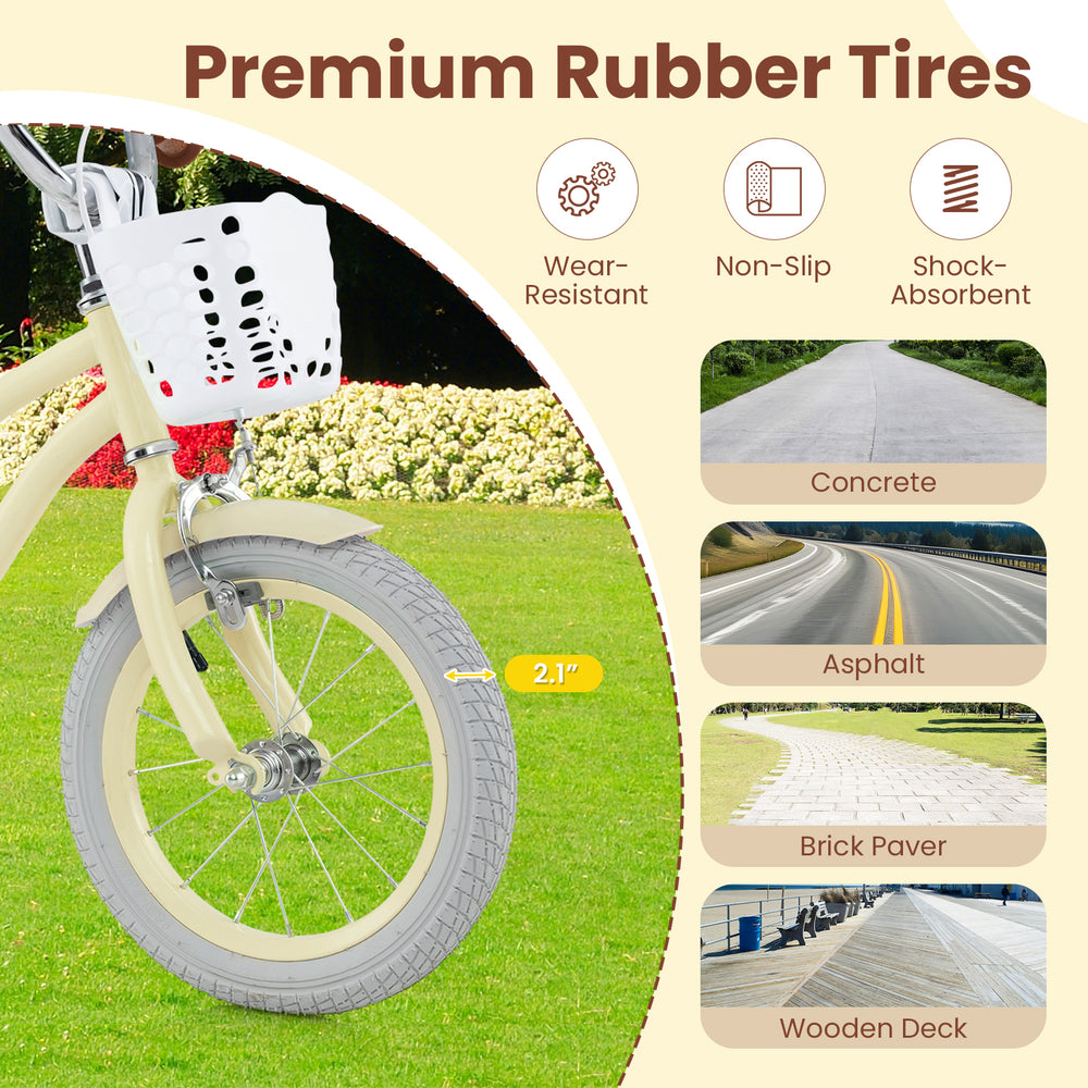 Close-up of 14-inch kids bike tire, featuring premium rubber for wear-resistance and shock-absorbent performance.