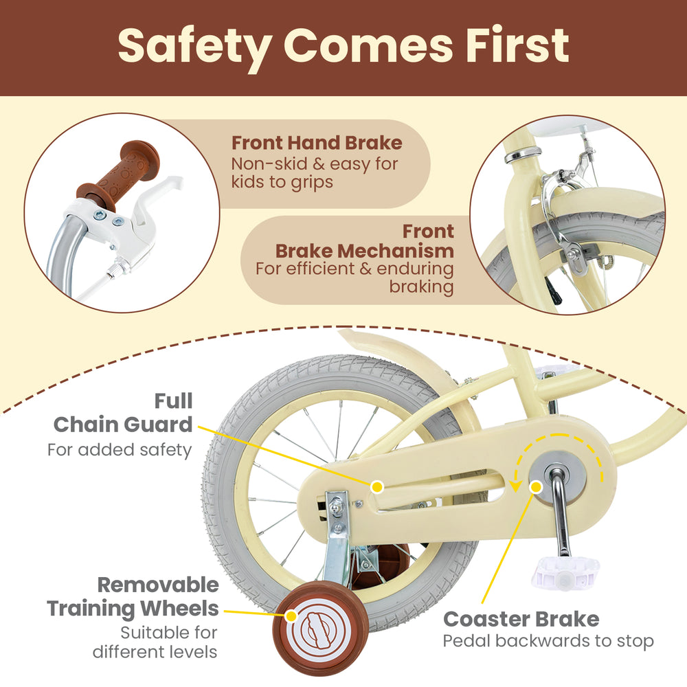 14-inch kids bike with removable training wheels, dual brake system, and adjustable seat for ages 3-8 years old.