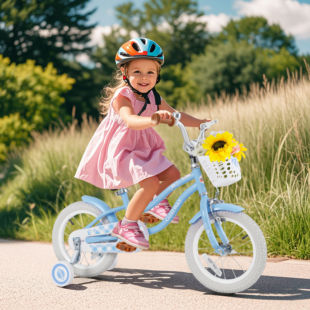 14-inch kids bike in blue with removable basket, adjustable seat, and training wheels for ages 3-5, perfect for outdoor.