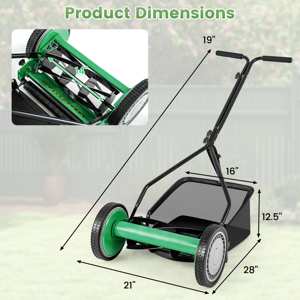 14-inch push lawn mower dimensions with 5 steel blades, grass catcher bag, and adjustable cutting height for efficient.