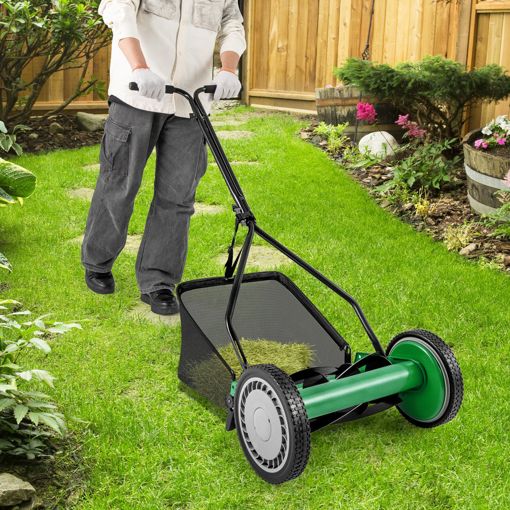 14-inch push lawn mower with 5 steel blades and grass catcher bag, ideal for efficient grass cutting in your garden.