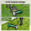 14-inch push lawn mower with 5 steel blades, shown with and without grass catcher bag for versatile lawn care.