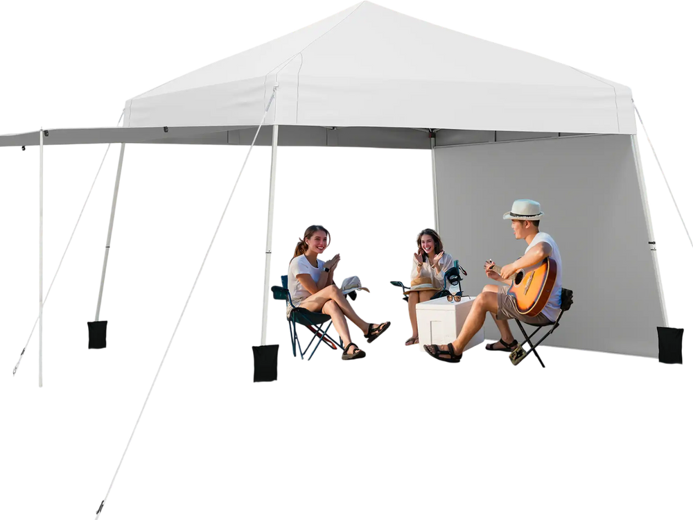 Pop-up canopy tent with two sidewalls, providing sun protection for beach outings and outdoor activities.