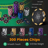 300 pieces of 14 gram poker chips in five colors, ideal for Texas Holdem and Blackjack games, with smooth touch finish.