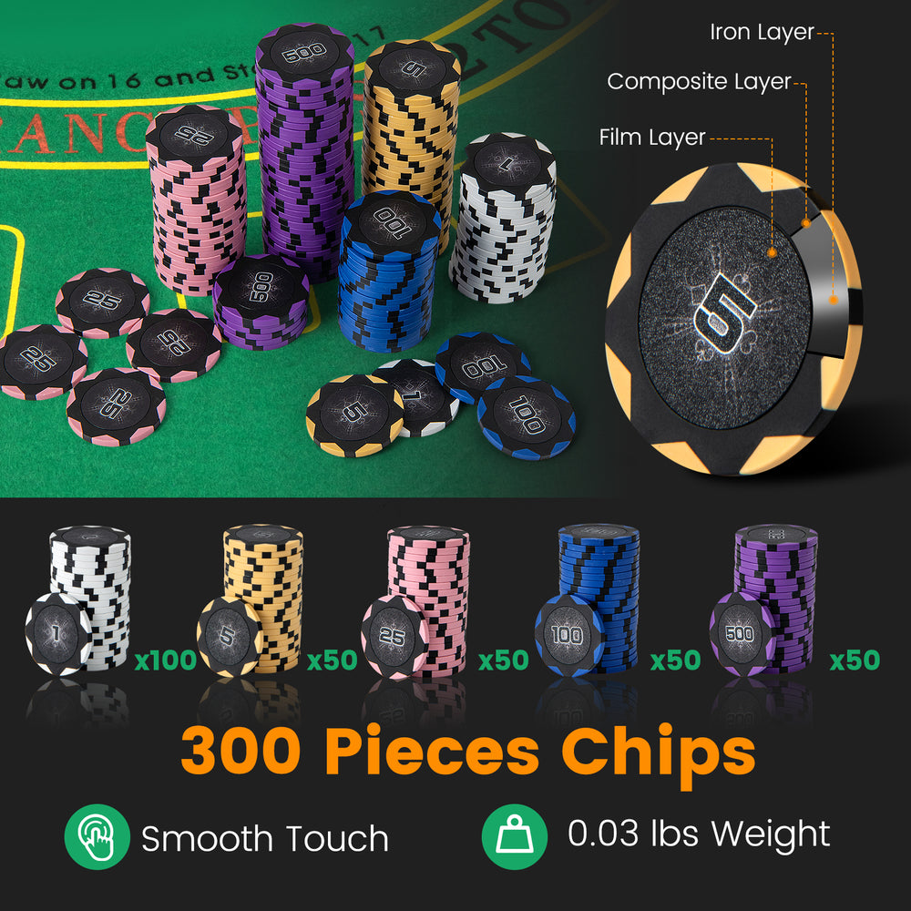 300 pieces of 14 gram poker chips in five colors, ideal for Texas Holdem and Blackjack games, with smooth touch finish.