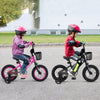 Two kids riding 14-inch adjustable bicycles with front baskets, featuring training wheels and safety gear for ages 4-5.