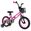 14-inch kids bike in pink with adjustable seat, front basket, and removable training wheels for children aged 4-5 years.