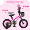 14-inch kids bike in pink with adjustable seat, front basket, and dual brake system for children aged 4-5 years old.