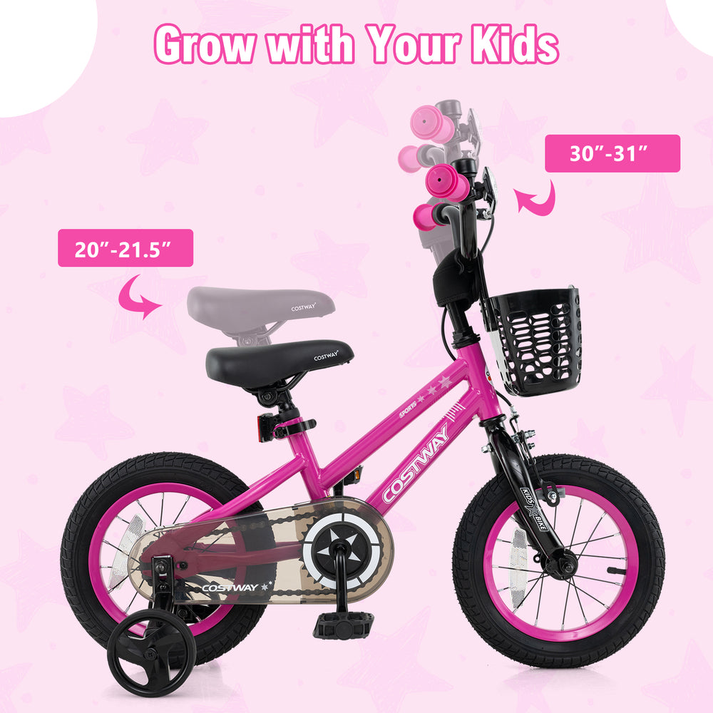 14-inch kids bike in pink with adjustable seat, front basket, and dual brake system for children aged 4-5 years old.