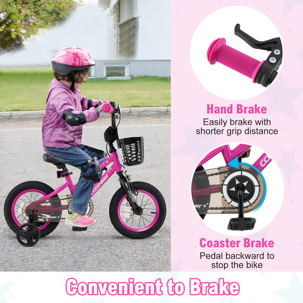 14-inch kids bike with adjustable seat, hand brake, and removable training wheels for children aged 4-5 years old.