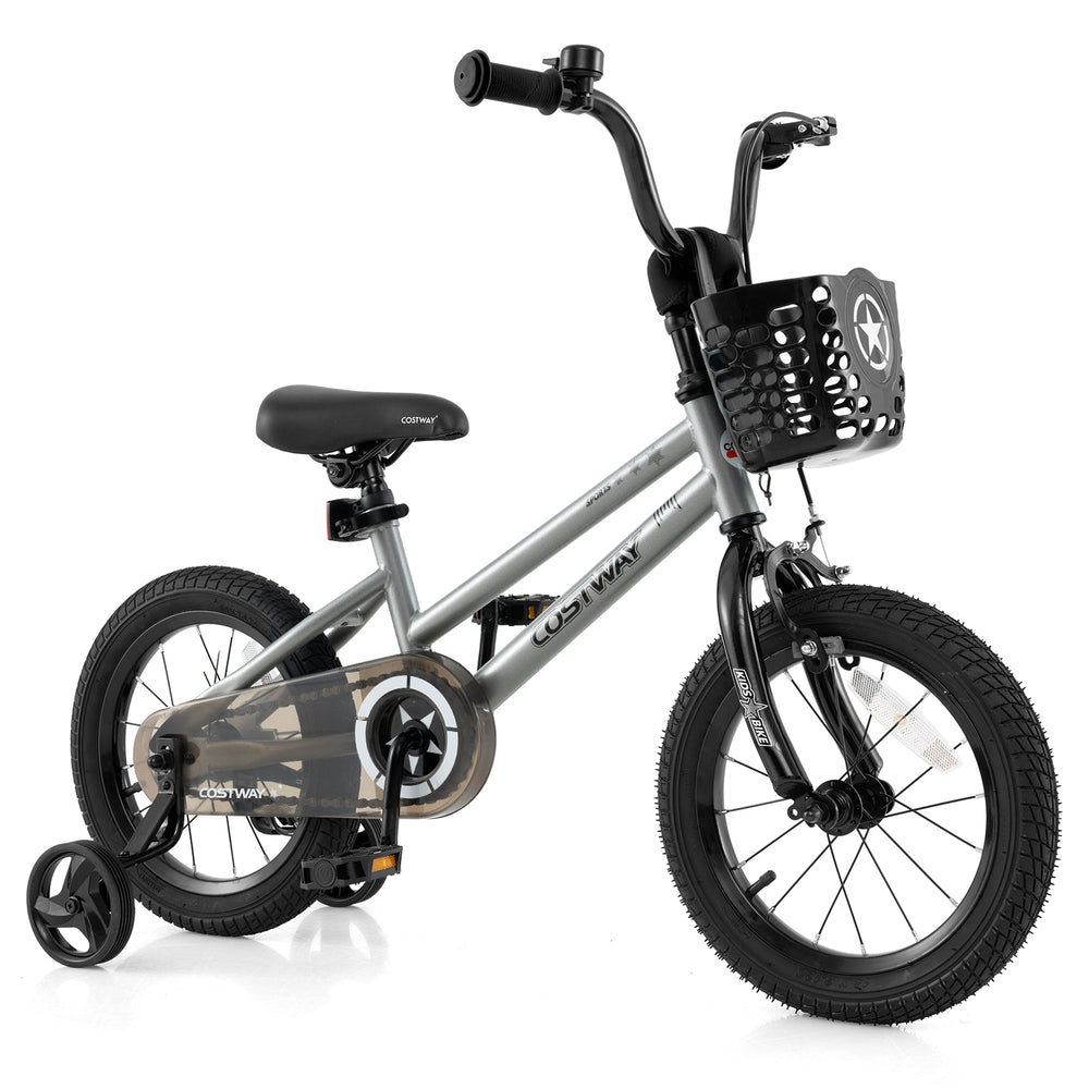 14-inch kids bike in silver with adjustable seat, dual brakes, and removable training wheels for ages 4-5.