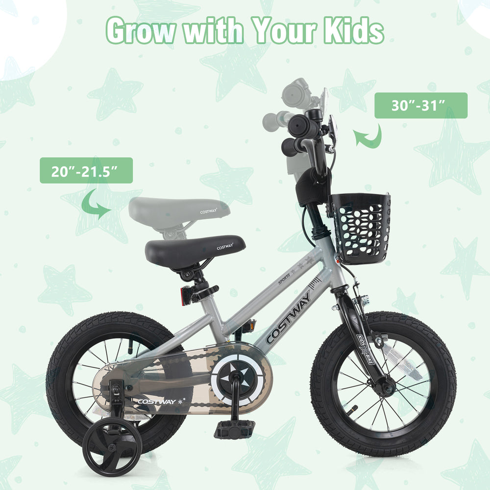 14-inch kids bike with adjustable seat, dual brake system, and removable training wheels for ages 4-5.