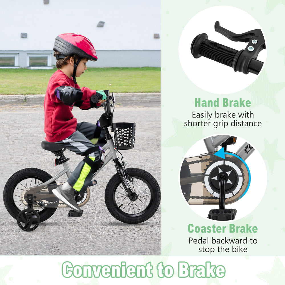 14-inch kids bike with hand brake and coaster brake, adjustable seat, and removable training wheels for safety and.