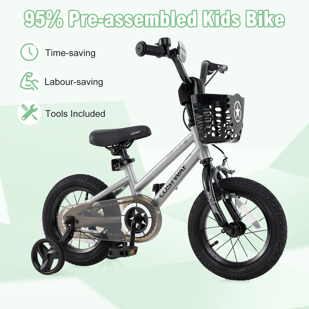 14-inch kids bike with adjustable seat, dual brake system, and removable training wheels for ages 4-5, pre-assembled.