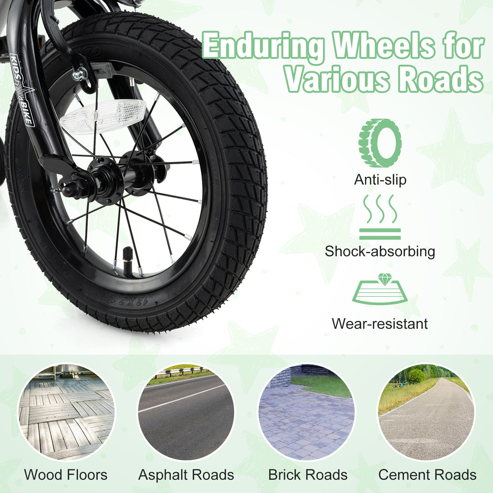 Enduring 14-inch bike wheels designed for various surfaces, including wood floors, asphalt, and brick roads.