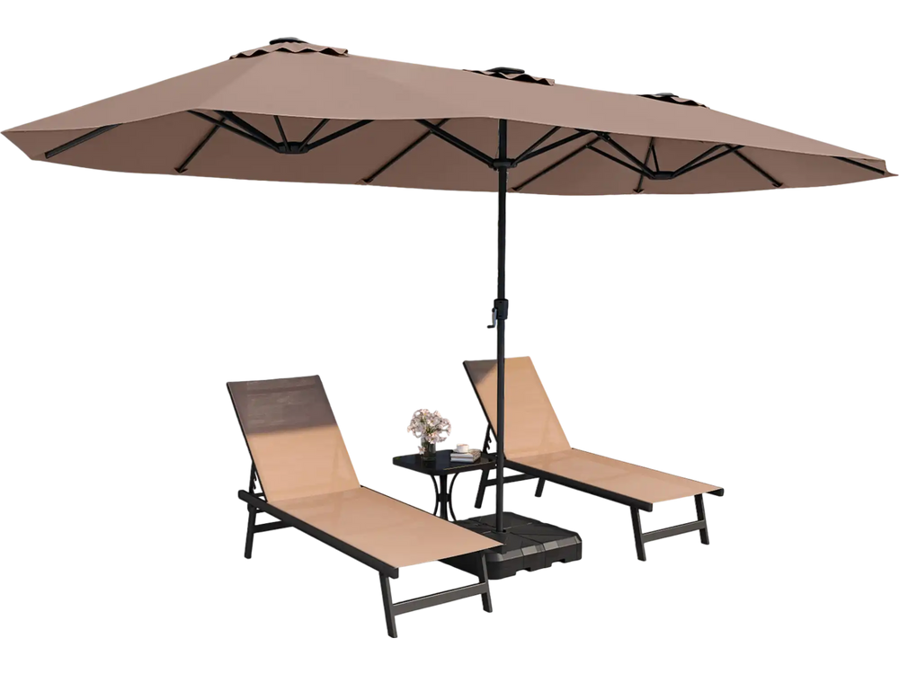 Double-sided 15.5 ft brown patio umbrella with LED solar lights, crank handle, and water-repellent fabric for outdoor.