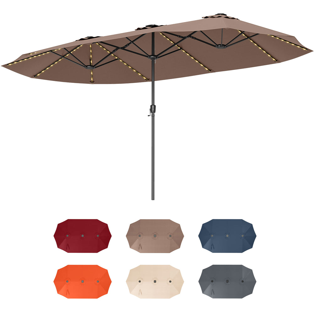 15.5 ft extra-large brown patio umbrella with LED solar lights, double-sided design, and crank handle for easy.