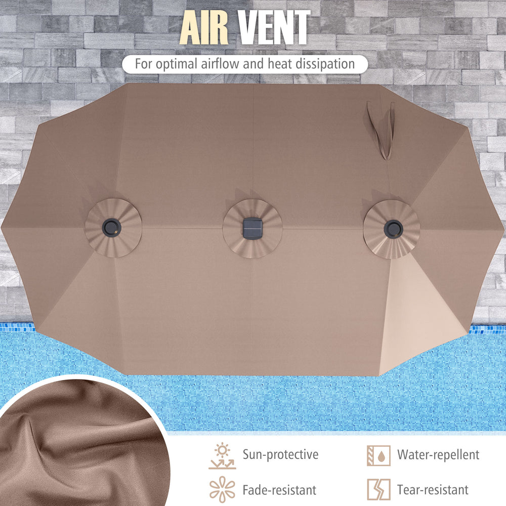 Extra-large 15.5 ft brown patio umbrella with air vent, LED solar lights, and crank handle for easy operation.