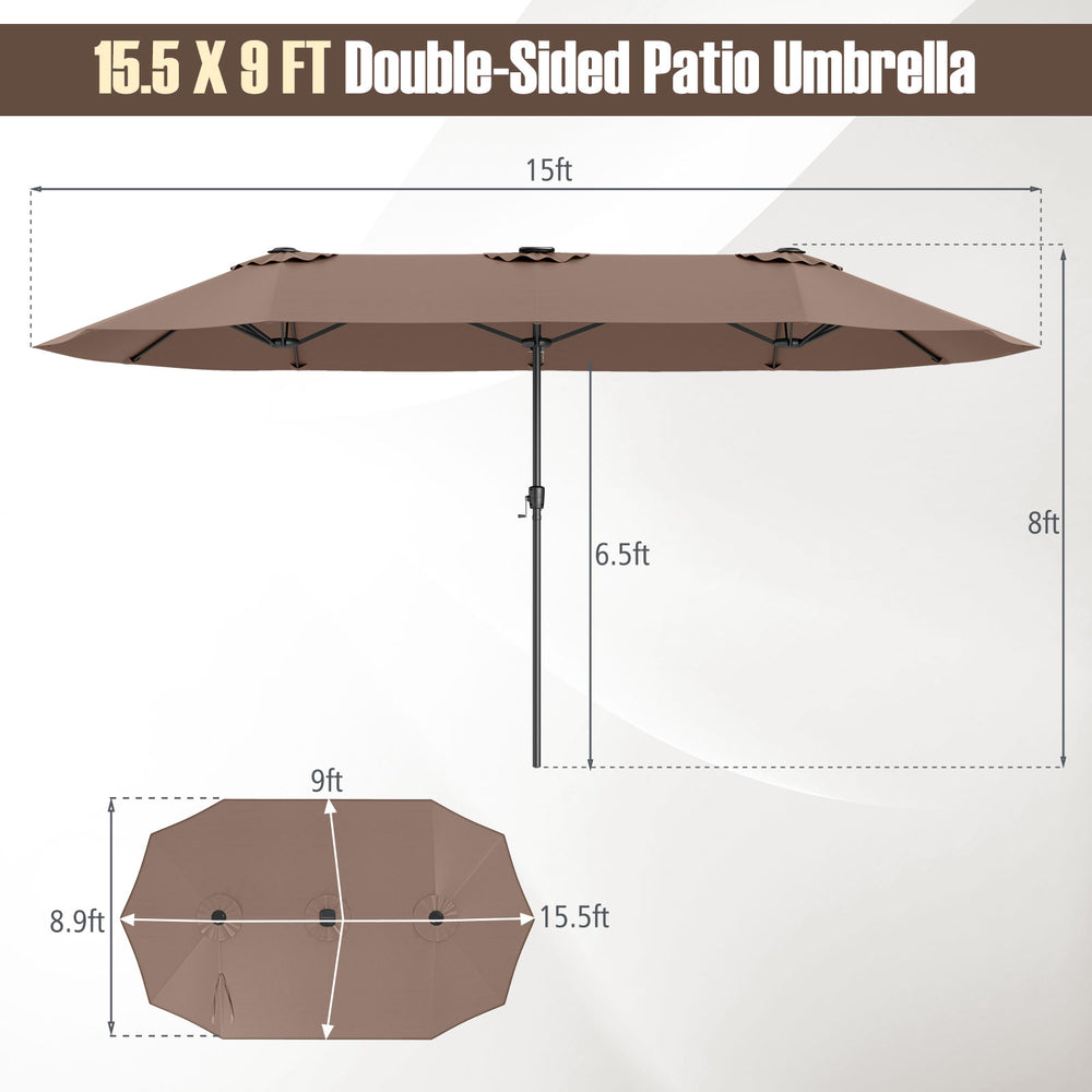 Double-sided 15.5 ft brown patio umbrella with LED solar lights, crank handle, and air vent for enhanced shade coverage.