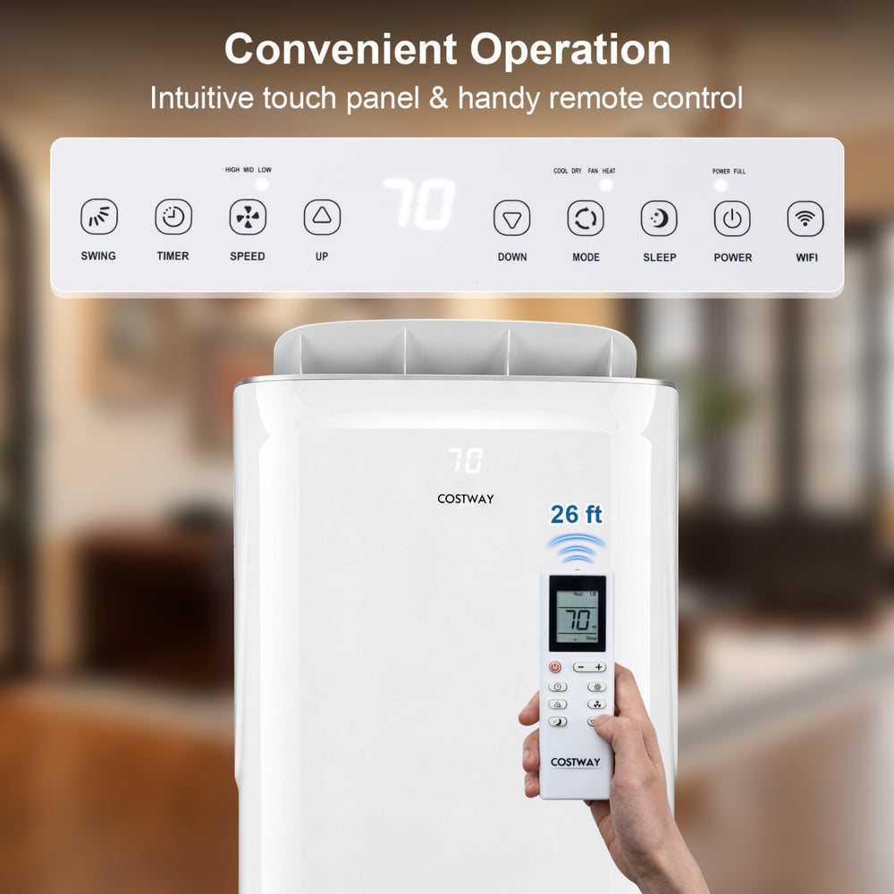 Close-up of the 15000 BTU inverter portable air conditioner with remote control and LED display for smart wifi-enabled.