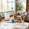15000 BTU portable air conditioner with WiFi control, cooling up to 750 sq.ft, shown in a living room setting.