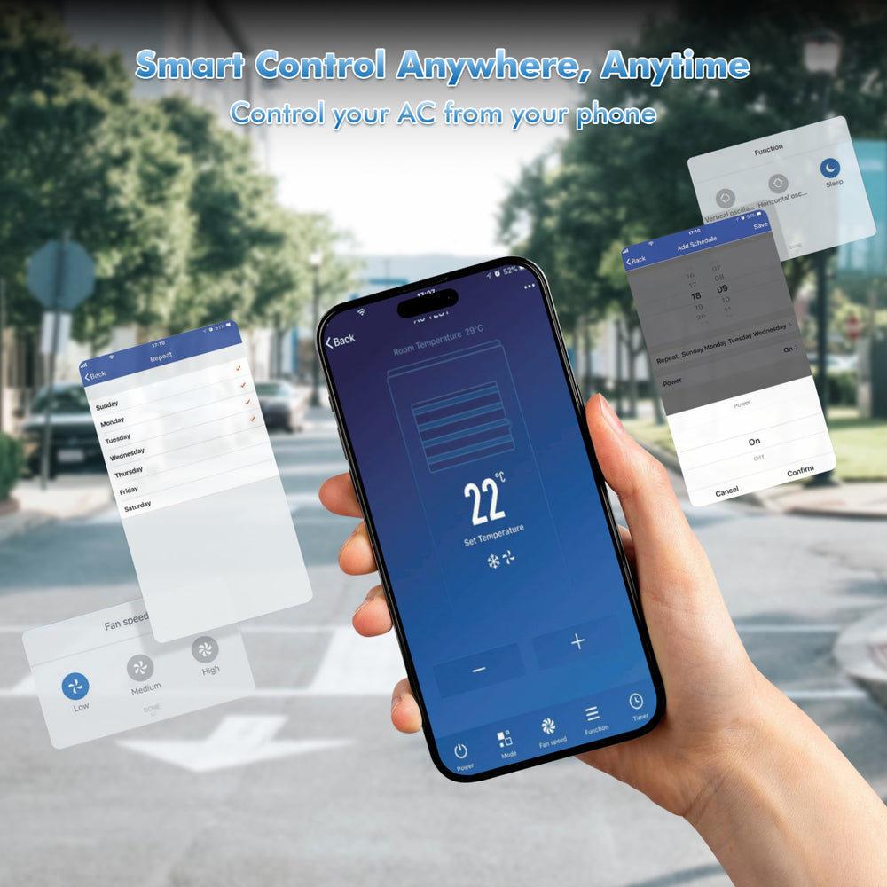 Smartphone controlling the 15000 BTU portable air conditioner, showcasing app features for convenient cooling.
