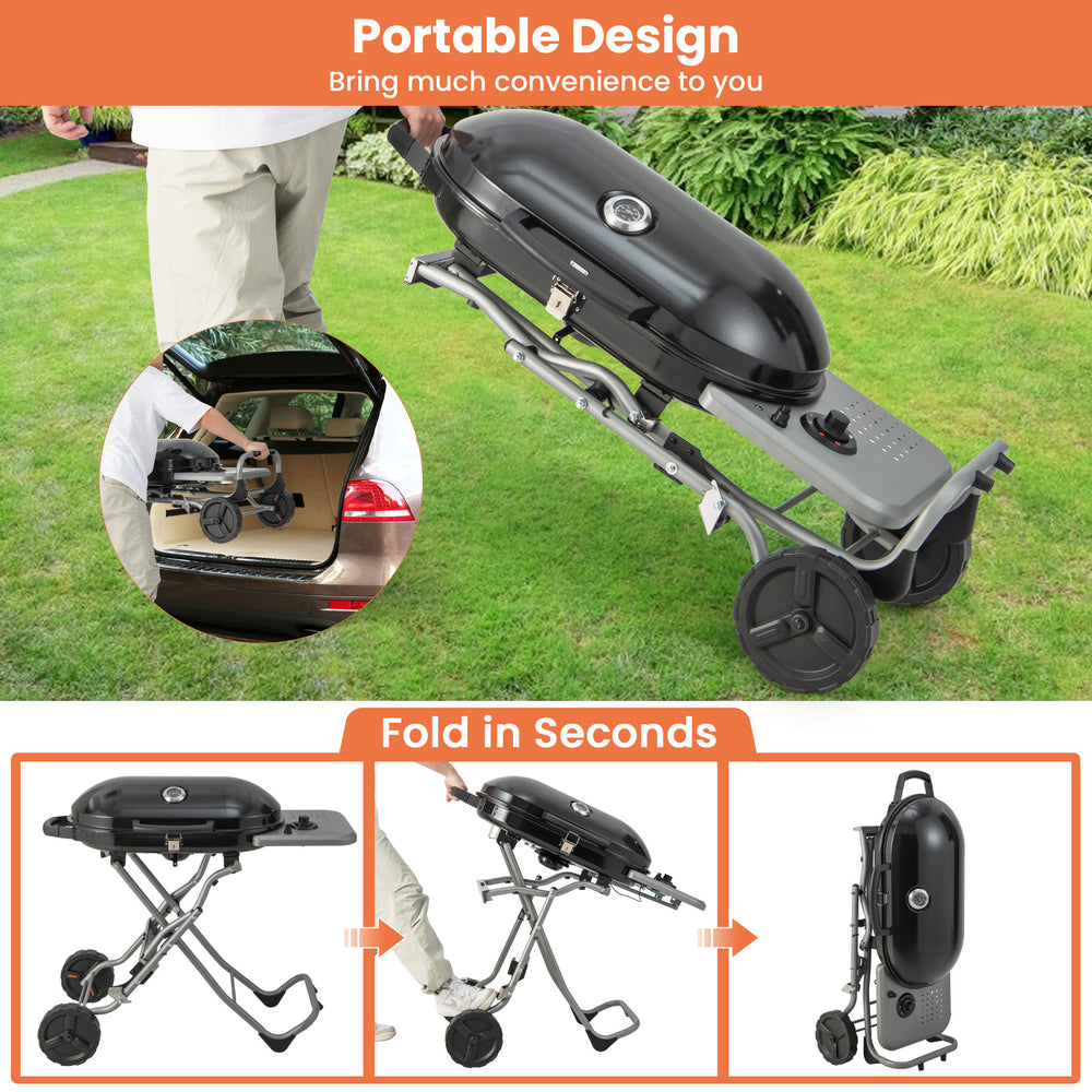 Portable propane BBQ grill with wheels and side shelf, featuring a 15,000 BTU burner for efficient outdoor cooking.