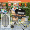 Portable propane BBQ grill with wheels, 15,000 BTU stainless steel burner, and side shelf for outdoor cooking.