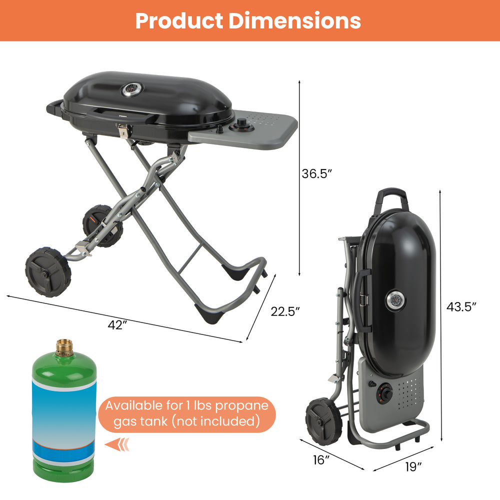 Portable propane BBQ grill with wheels, side shelf, and 15,000 BTU burner for efficient outdoor cooking.