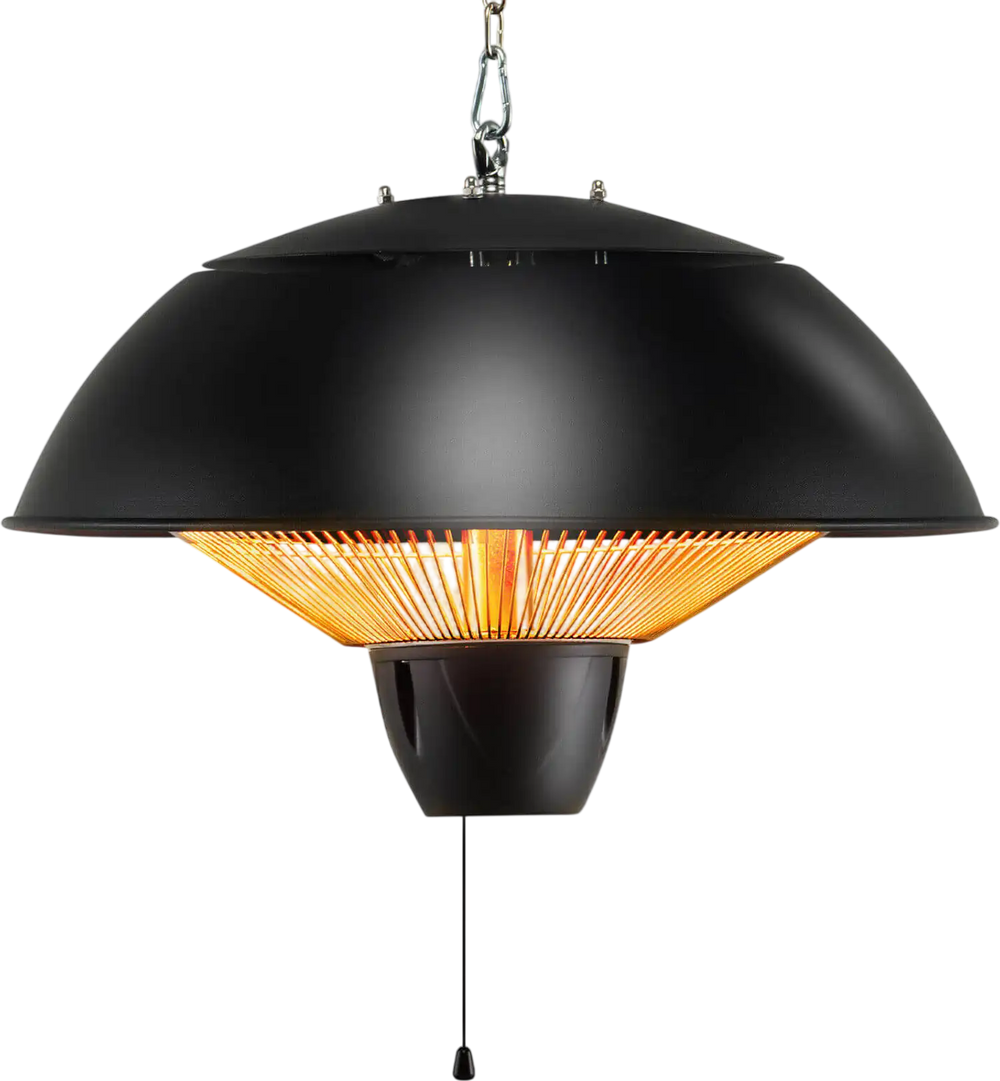 Hanging 1500W electric patio heater with IPX4 waterproof design, providing 360° warmth for outdoor gatherings.