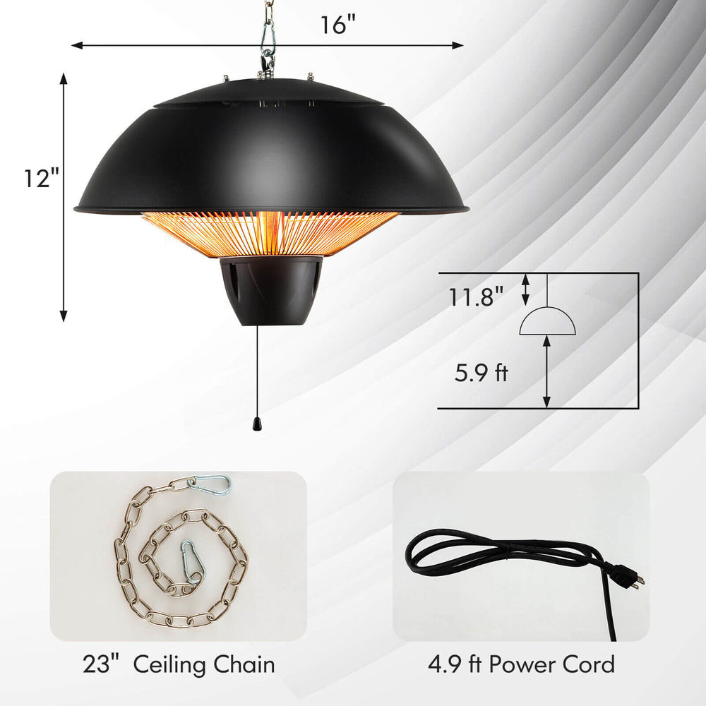 1500W electric patio heater with IPX4 waterproof design, featuring a 23" ceiling chain and 4.9 ft power cord for easy.