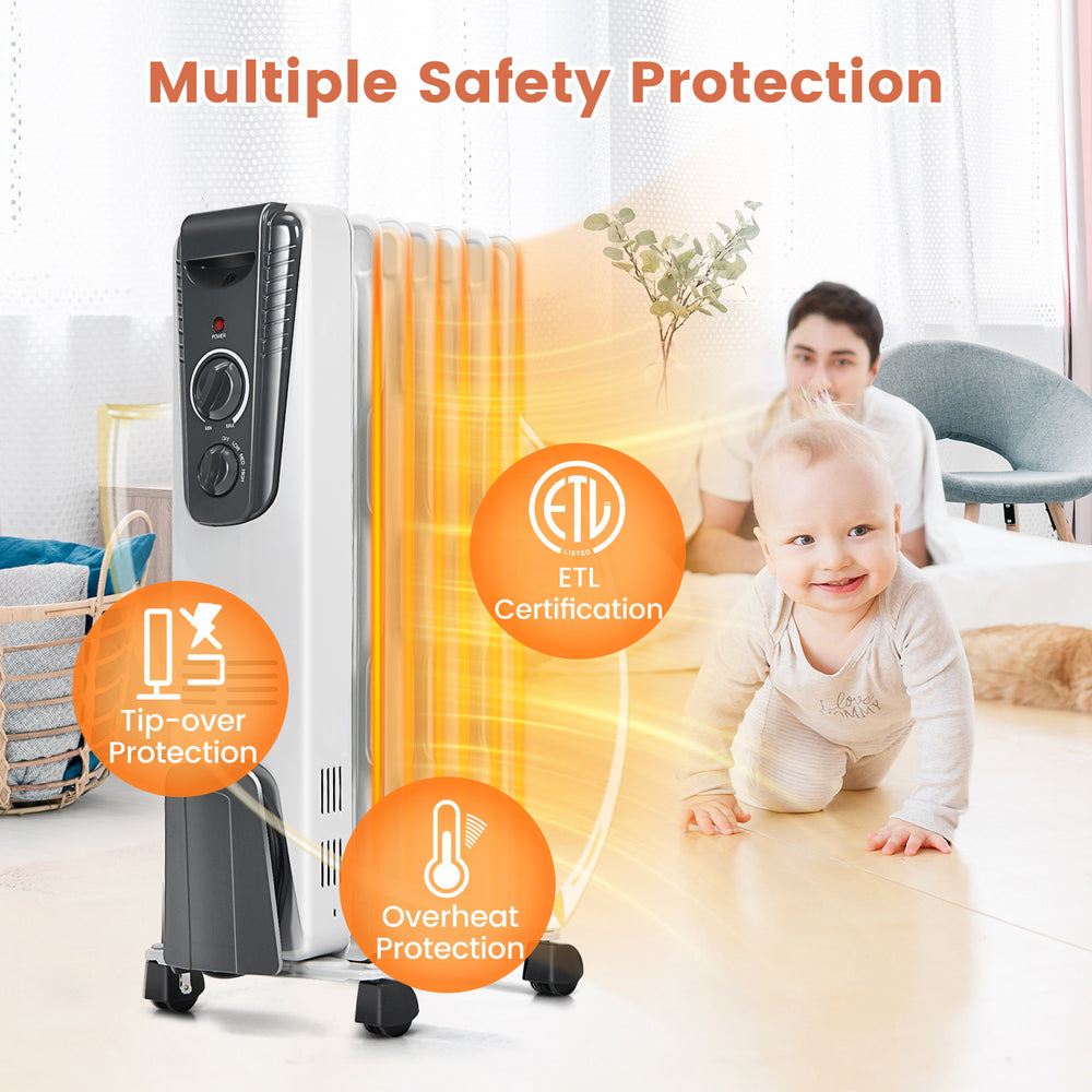 1500W electric space heater with adjustable thermostat, featuring 7 oil-filled slots and safety protections for.