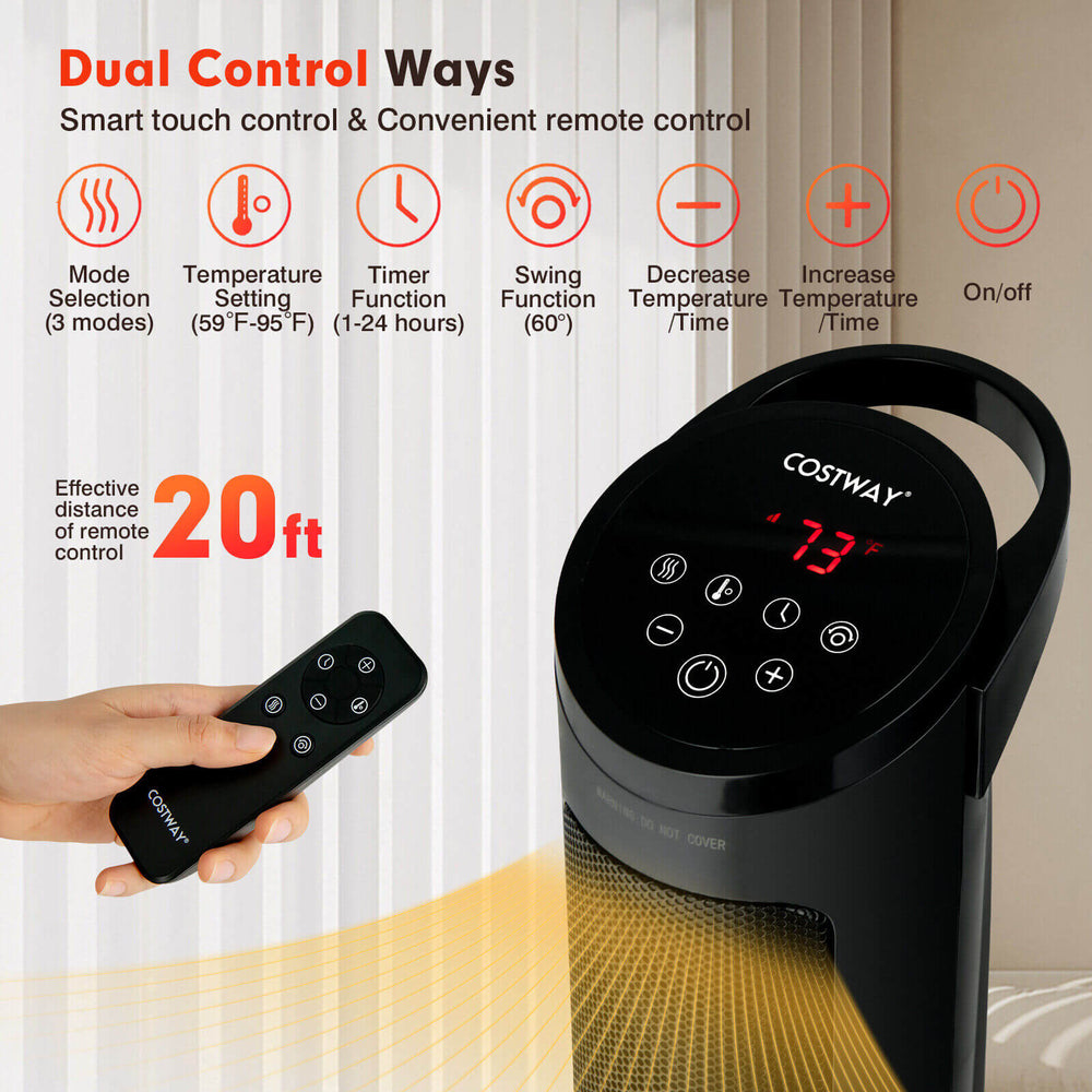 1500W PTC fast heating space heater with remote control, 60° oscillation, and touch panel for cozy warmth in any room.