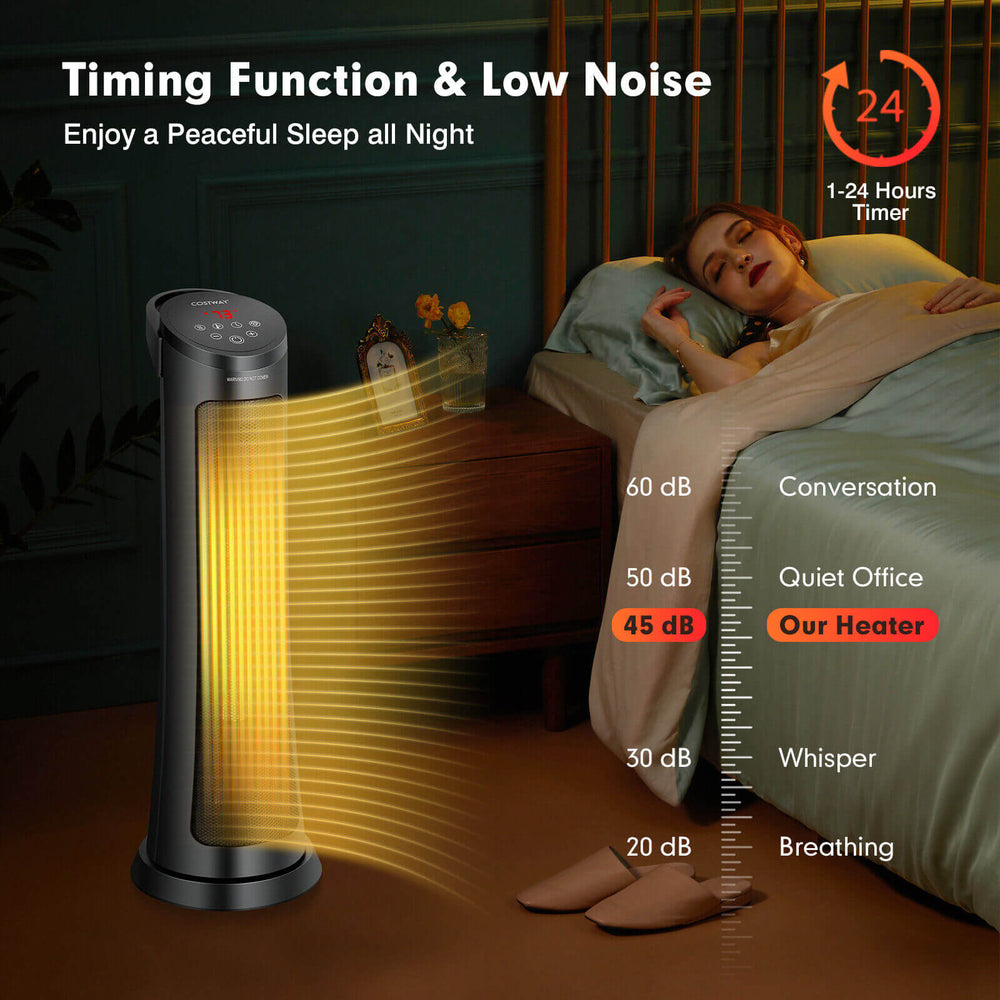 1500W PTC fast heating space heater with remote control, low noise operation, and 60° oscillation for cozy warmth.
