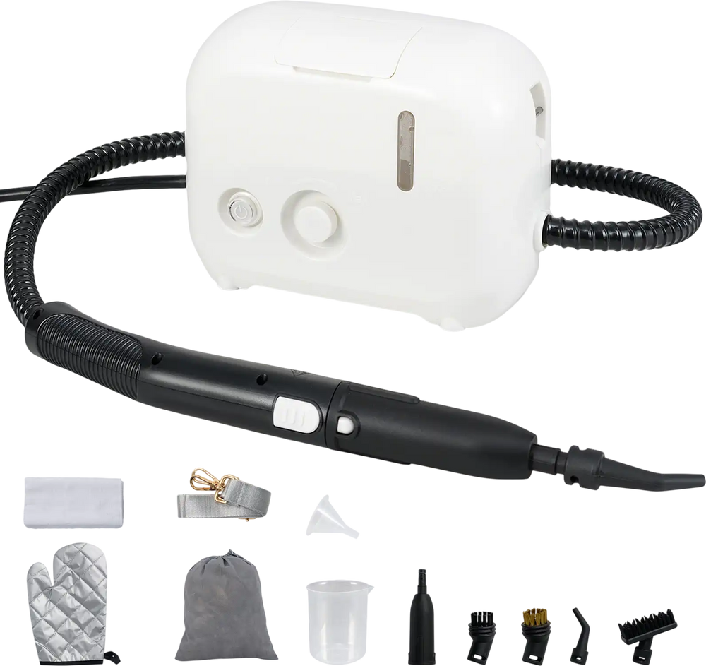 1500W portable steam cleaner in white with 34 oz water tank, includes various accessories for versatile cleaning tasks.