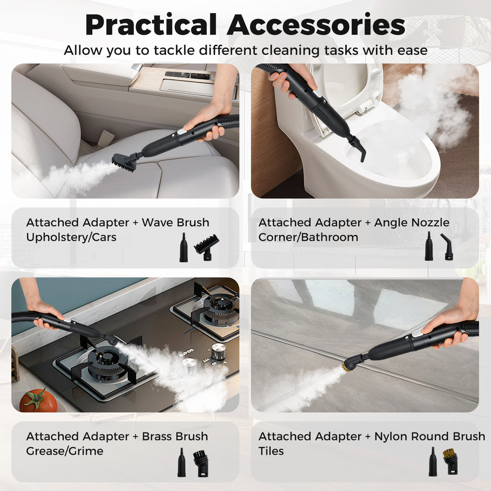 Portable steam cleaner with practical accessories for versatile cleaning tasks on various surfaces and easy operation.