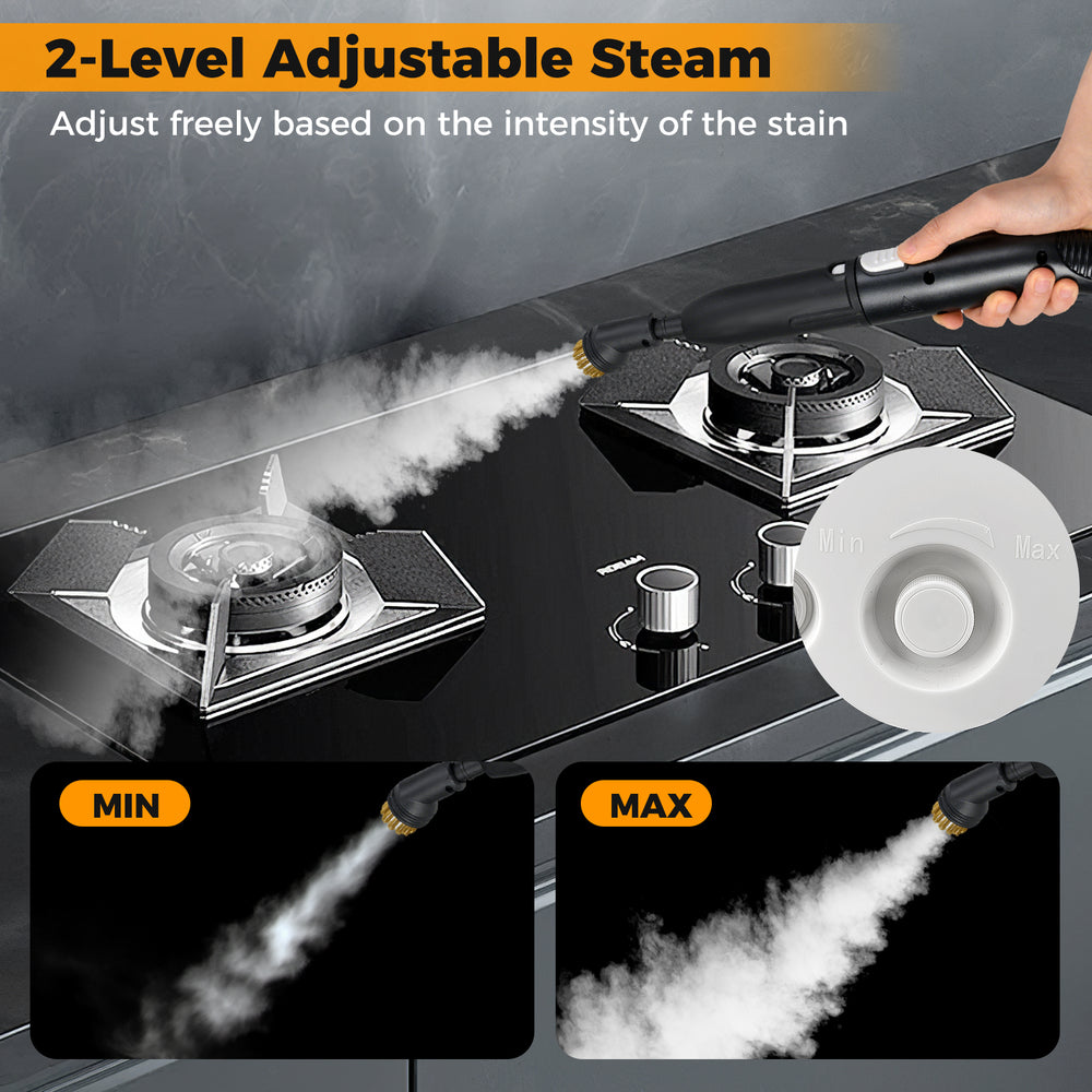 Portable steam cleaner with adjustable steam levels, 34 oz water tank, and powerful 1500W for efficient cleaning.